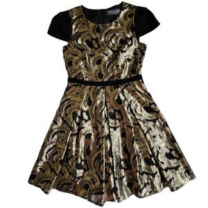 Hunter Dixon by Hunter Bell Anthro black gold metallic fit and flare dress sz 4